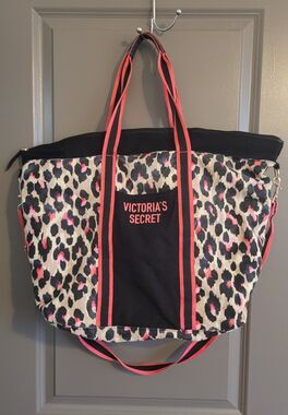 Victoria’s Secret Travel Duffle Beach Tote Bag Cotton Black Pink Leopard Print